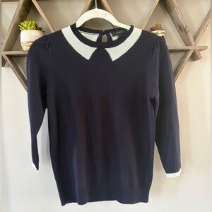 J. Crew 100% Merino Wool Navy Sweater with Faux White Collar. Size XS.